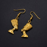 Egyptian Queen Ear Hoop Earrings - Ethnic Women Nefertiti Larger Earrings Vintage Pattern Unique Country Flag Hip Hop Piercing Drop for Ladies, Gold - Front View