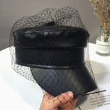 Spring Summer Octagol Cap Women Solid Black PU Lace Veil Newsboy Caps Fashion Beret Hats