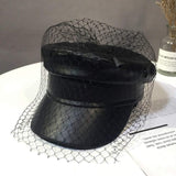 Spring Summer Octagol Cap Women Solid Black PU Lace Veil Newsboy Caps Fashion Beret Hats - Side View