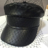 Spring Summer Octagol Cap Women Solid Black PU Lace Veil Newsboy Caps Fashion Beret Hats - Top-Down View