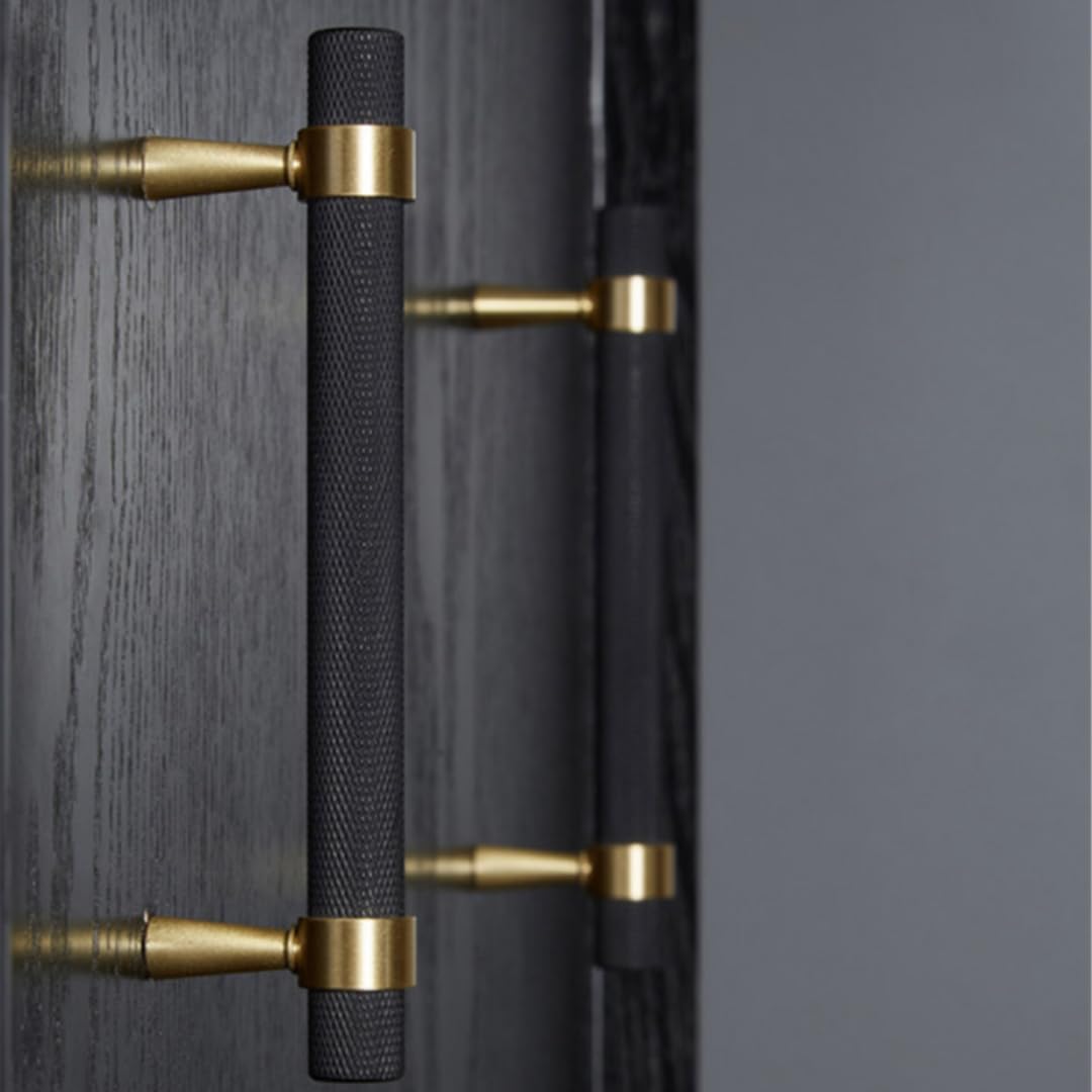 20PCS/Lot Solid Brass Cabinet Pulls Modern Gold with Black Knurled Textured Cabinet Handles Brass Pulls for Dresser Door Drawer Cabinet Hardware (128mm(96mm Hole Centers))