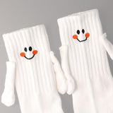 2 Pairs Hand Holding Socks for Kids, Funny Magnetic Mid-Tube Socks White Smile Face Matching Crazy Silly Slipper Socks Magnet Friendship Birthday Gift for Children Toddler (1-3T) - Top-Down View