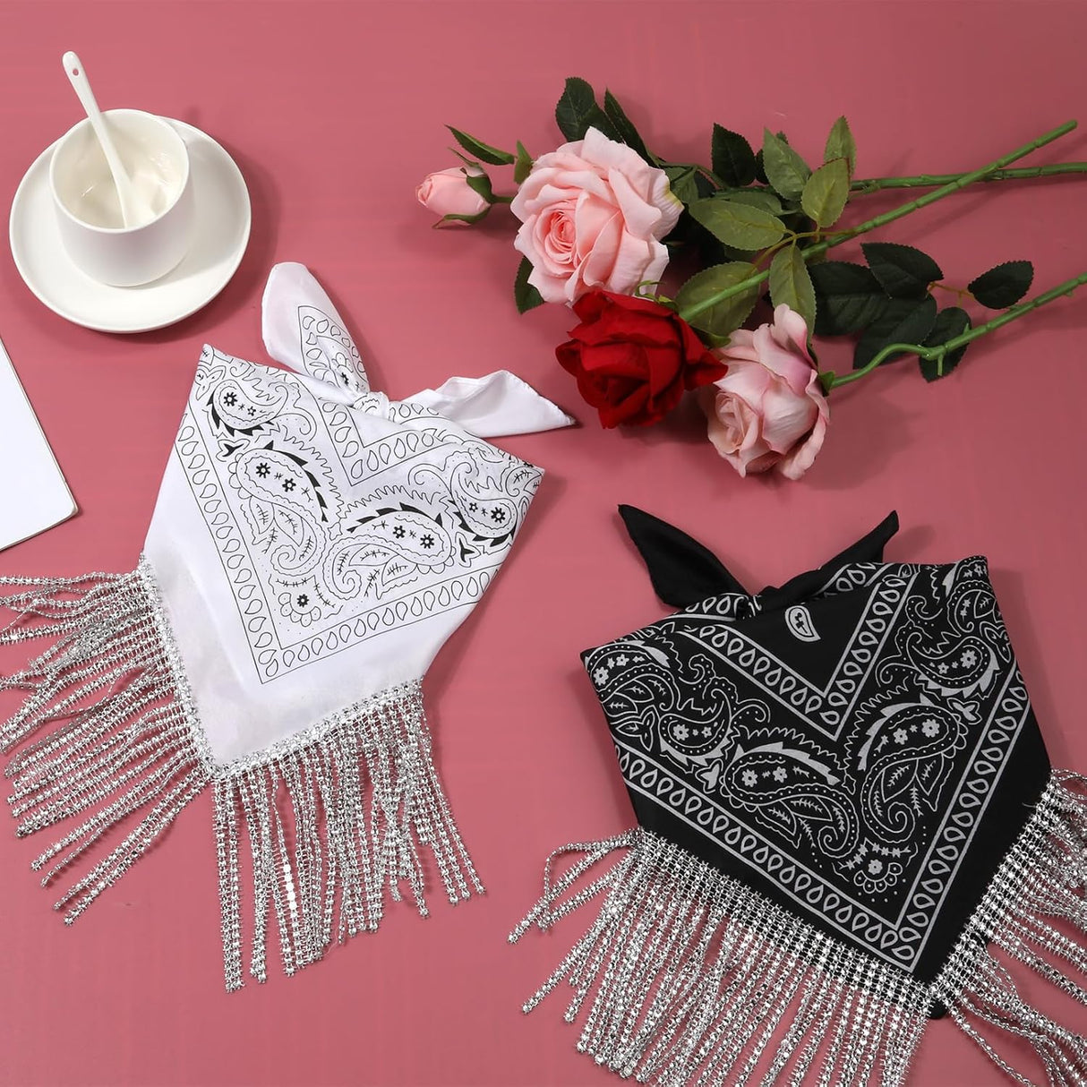 2pcs Rhinestone Fringe Bandana, Rhinestone Scarf for Women Sparkly Disco Cowgirl Bachelorette Bandanas Bling Bandanas Party Supplies for Men Women