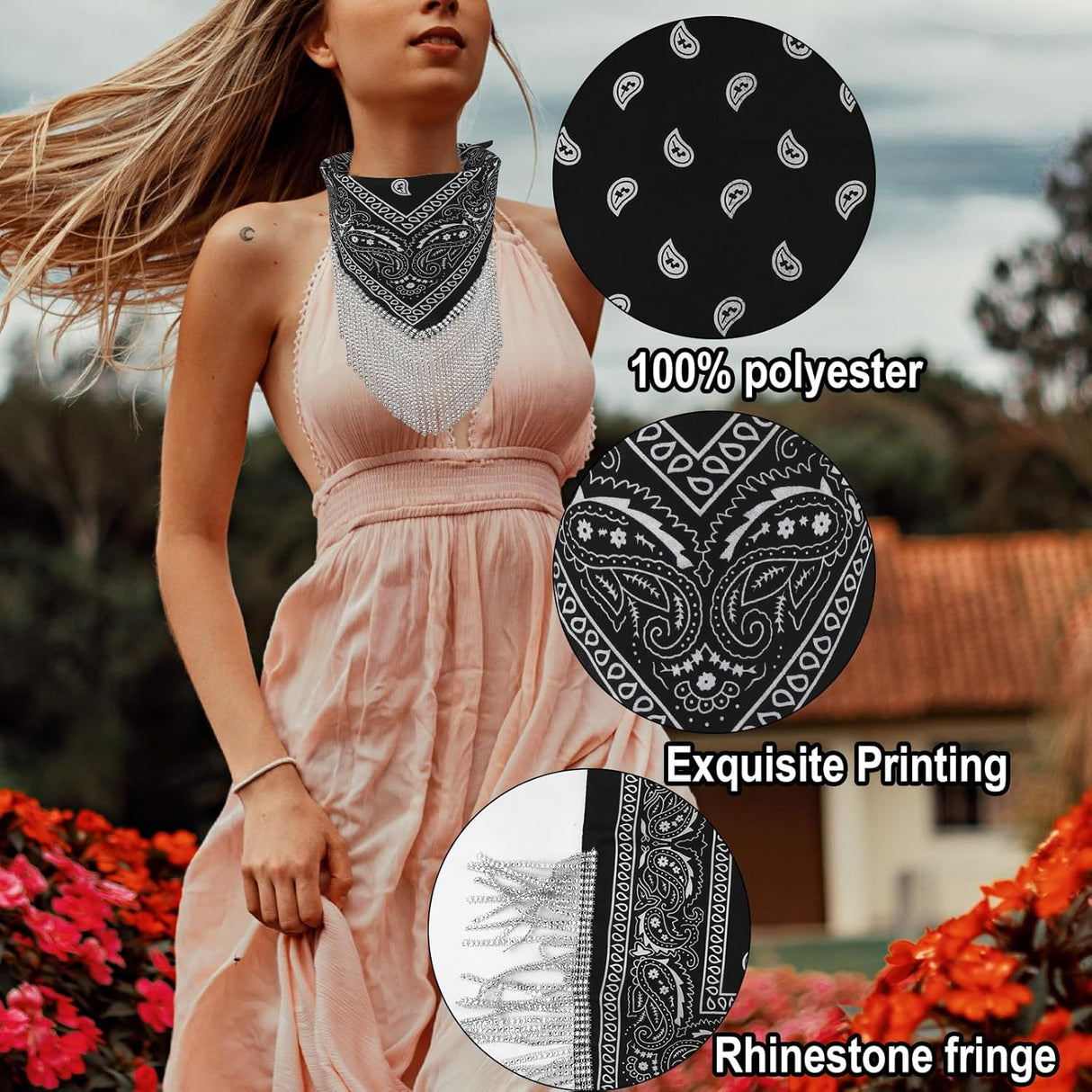 2pcs Rhinestone Fringe Bandana, Rhinestone Scarf for Women Sparkly Disco Cowgirl Bachelorette Bandanas Bling Bandanas Party Supplies for Men Women