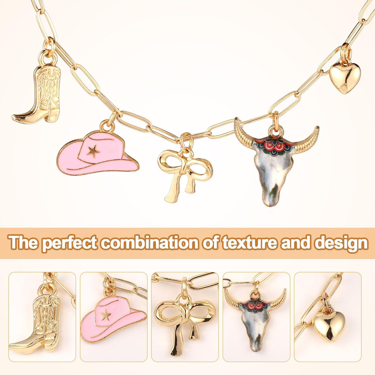 Cowgirl Necklace for Women, Dainty Gold Boot Hat Heart Charm Western Chain Chunky Trendy Fashion Pendant Outfit Jewelry Gift