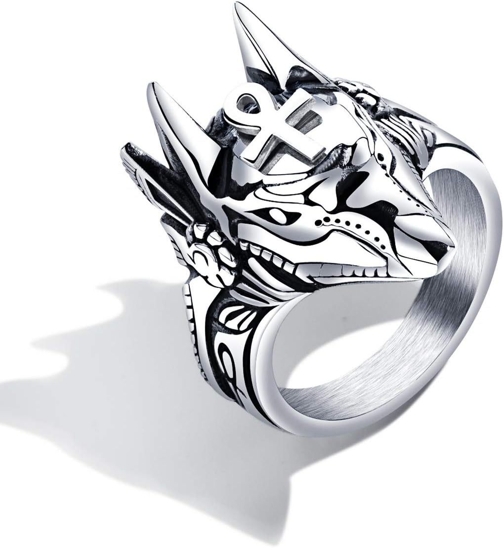 Men's Stainless Steel Egyptian God Anubis Ring Vintage Gold Plated Ankh Cross Ring Jewelry