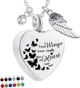Heart Shape Cremation Urn Necklace for Ashes with 12 Birthstones Memorial Pendant - Your Wings Were Ready But My Heart Was Not - Top-Down View