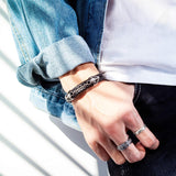 Mens Leather Bracelet with Stainless Steel Clasp Multi-Layer Braided Leather Mens Bracelet - Top-Down View