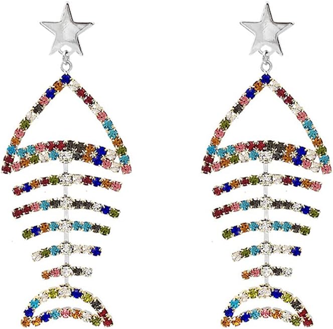 Multicolor Crystal CZ Fishbone Dangle Earrings for Women Statement Large Long Fish Skeleton Earrings