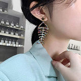 Multicolor Crystal CZ Fishbone Dangle Earrings for Women Statement Large Long Fish Skeleton Earrings