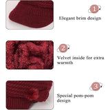 Winter Fleece Lined Thermal Hat for Women, Red Floral Knitted Beret with Brim - Front View