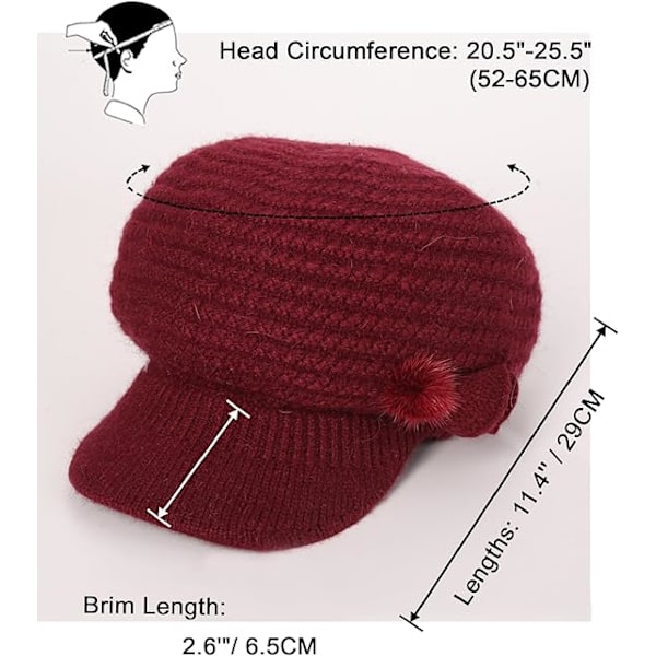 Winter Fleece Lined Thermal Hat for Women, Red Floral Knitted Beret with Brim