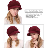 Winter Fleece Lined Thermal Hat for Women, Red Floral Knitted Beret with Brim
