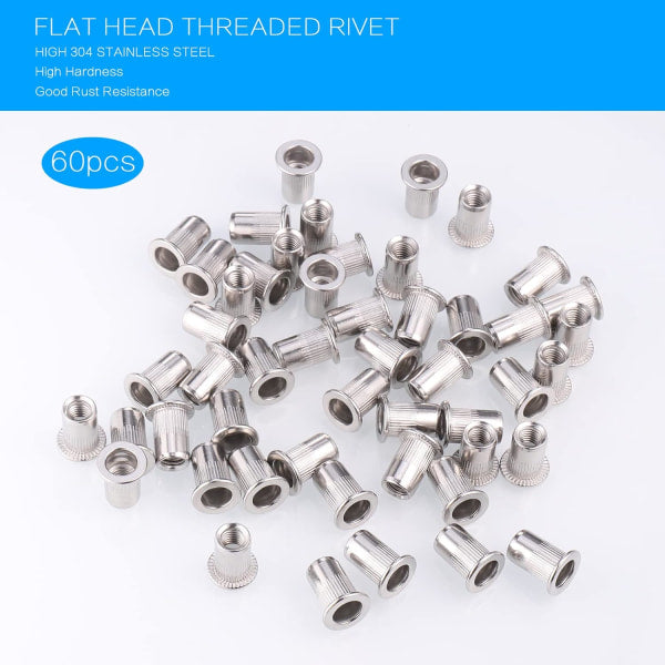 60pcs 304 Stainless Steel Rivet Nut M8 Flat Head Blind Nut Threaded Rivet Nut Rivet Nut for Threaded Insert Plys