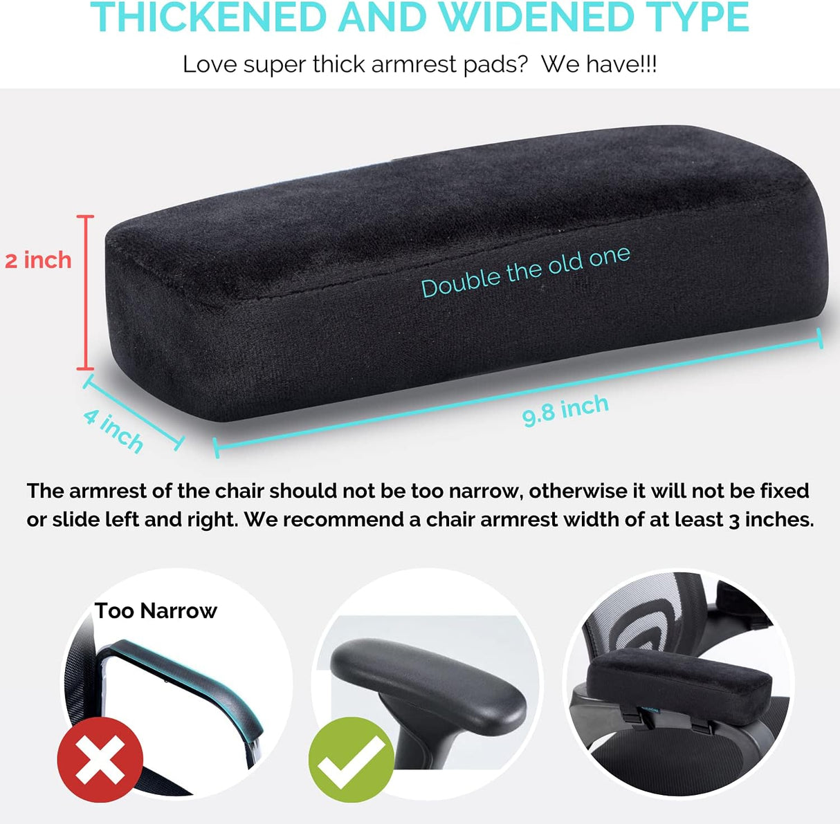 Extra Thick Chair armrest Cushions Elbow Pillow Pressure Relief Office Chair Gaming Chair armrest with Memory Foam armrest Pads 2-Piece Set of Chair (Black)