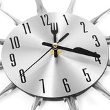 Metal Kitchen Cutlery Wall Clock 14 Inch with Fork Spoon 3D Non Ticking Quartz Watch Clock for Bedroom Home Decor,Silver - Front View