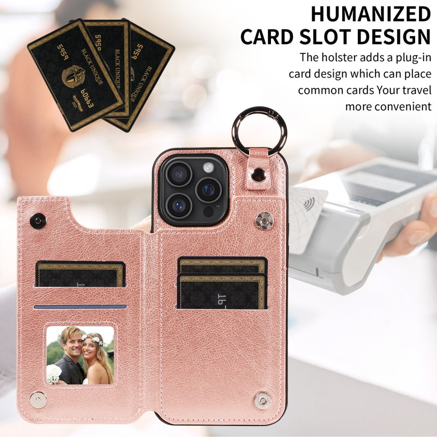 Compatible with Apple iPhone 16 Pro Max Case with Ring and Card Holder, PU Leather, Rose Gold Pink, Skalo