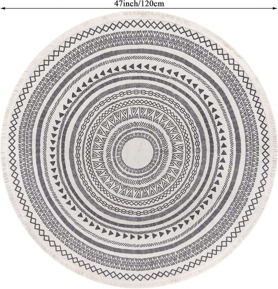 Moroccan Style Grey Round Woven Cotton Washable Absorbent Rug 120cm with Fringes