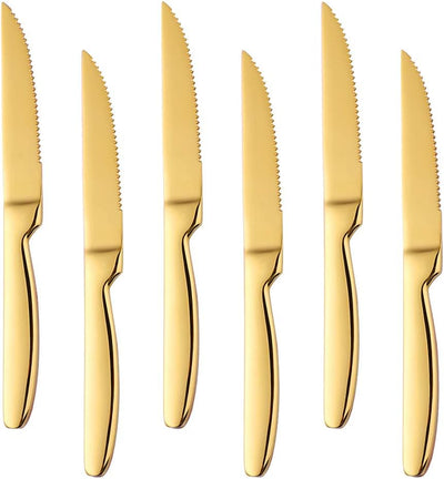 Stainless Steel Serrated Steak Knife Set of 6, BuyGo Gold Color Heavy Duty Dinner Table Knives for Cutting Meat, Beef, 8.6 Inch, Dishwasher Safe