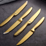 Stainless Steel Serrated Steak Knife Set of 6, BuyGo Gold Color Heavy Duty Dinner Table Knives for Cutting Meat, Beef, 8.6 Inch, Dishwasher Safe - Front View