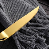 Stainless Steel Serrated Steak Knife Set of 6, BuyGo Gold Color Heavy Duty Dinner Table Knives for Cutting Meat, Beef, 8.6 Inch, Dishwasher Safe - Side View