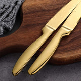 Stainless Steel Serrated Steak Knife Set of 6, BuyGo Gold Color Heavy Duty Dinner Table Knives for Cutting Meat, Beef, 8.6 Inch, Dishwasher Safe - Top-Down View