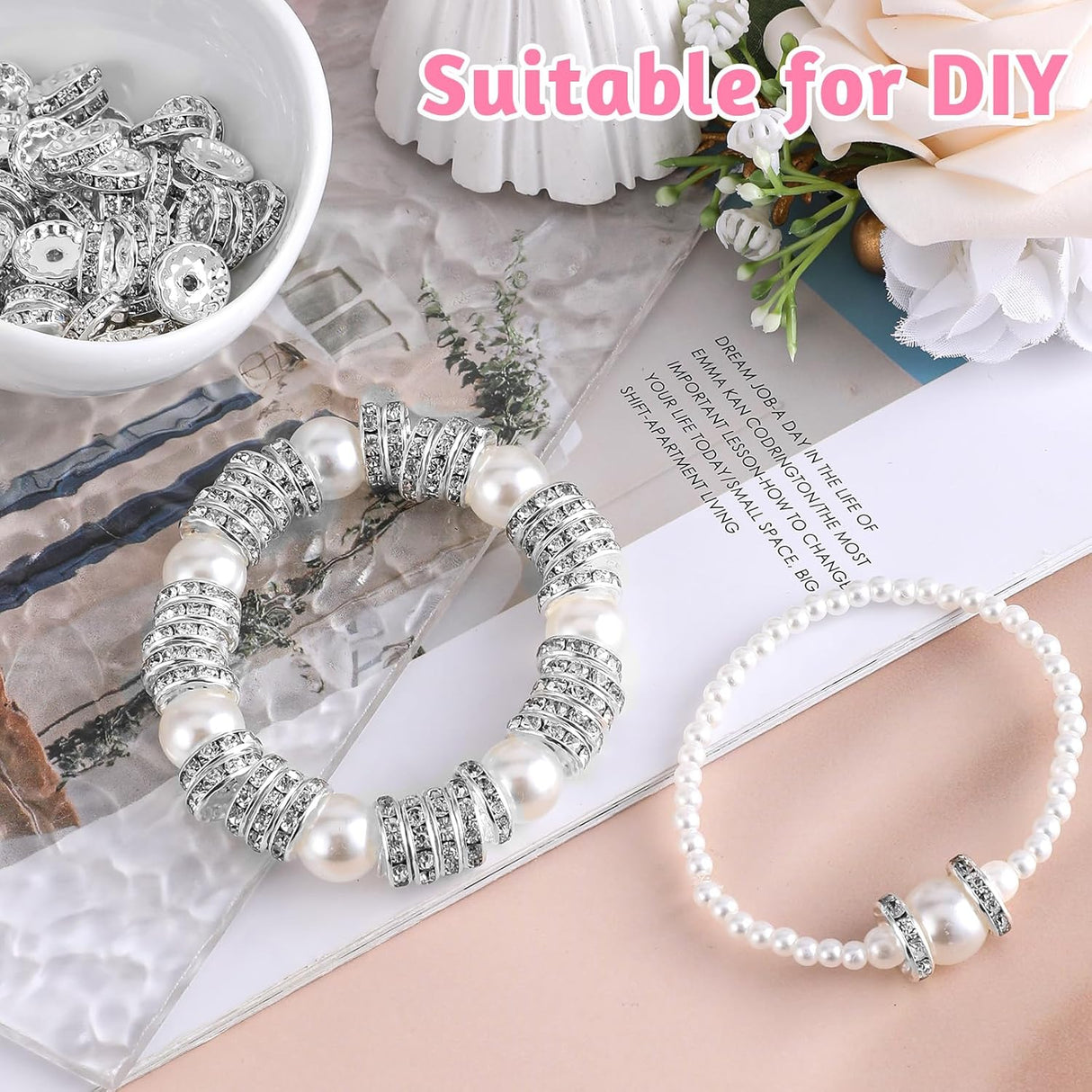 Rhinestone Beads for Pens Making, 100 Pcs 12mm Bulk Beadable Spacer Beads Rhinestone Bead Glitter Wave Diamond Crystal Bead for DIY Pens Bracelet Jewelry Making Craft Supplies(Style2)