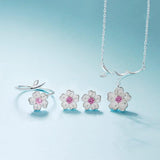 925 Sterling Silver Jewelry Sets Romantic Cherry Blossoms Flower Necklace+Earrings+Ring+Bracelet For Women Gift - Top-Down View