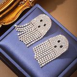 Ghost Earrings For Women, Silvery Dangling Tassel Earring With Cubic Zirconia Lovely Halloween Jewelry Gift - Top-Down View