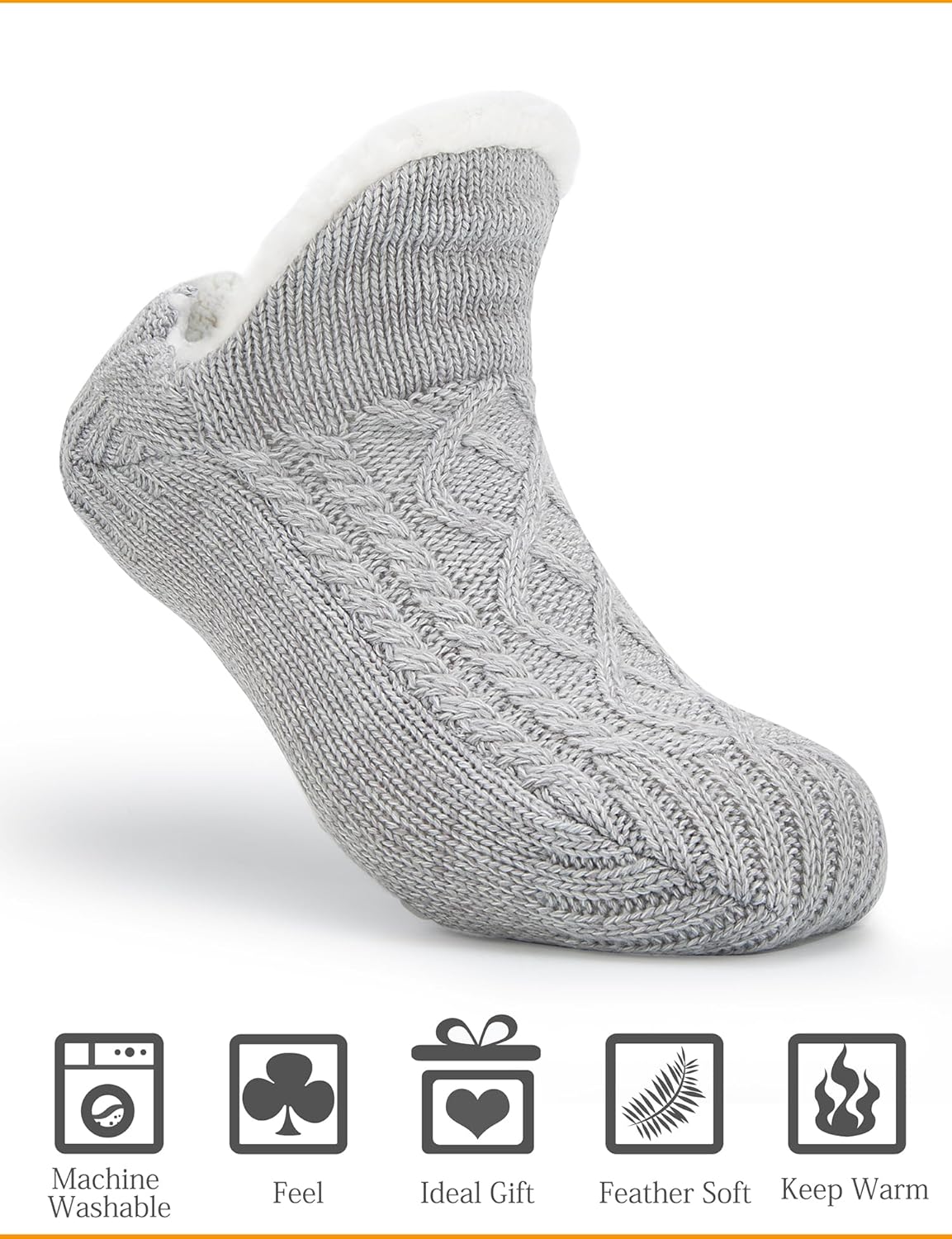Women Knitted Slipper Socks Cozy Sherpa Fuzzy Non Slip Winter Indoor Double Layer Bedroom Grey Medium Wide