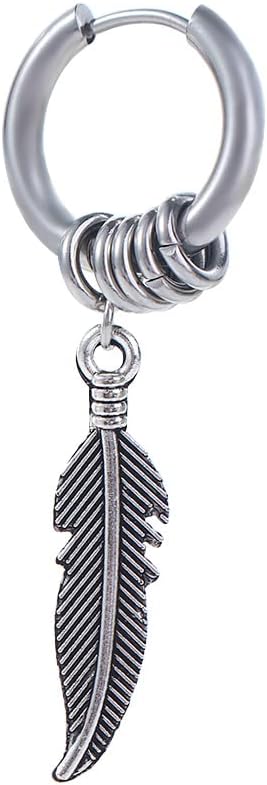 Stainless Steel Feather Design Hoop Earrings, Punk Rock Style Earrings Jewelry, Vintage Leaf Alloy Silver