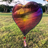 Metal wind chime, hanging garden decoration, stainless steel, heart pattern, spin with 360° rotating hook, 37x20 cm - Top-Down View