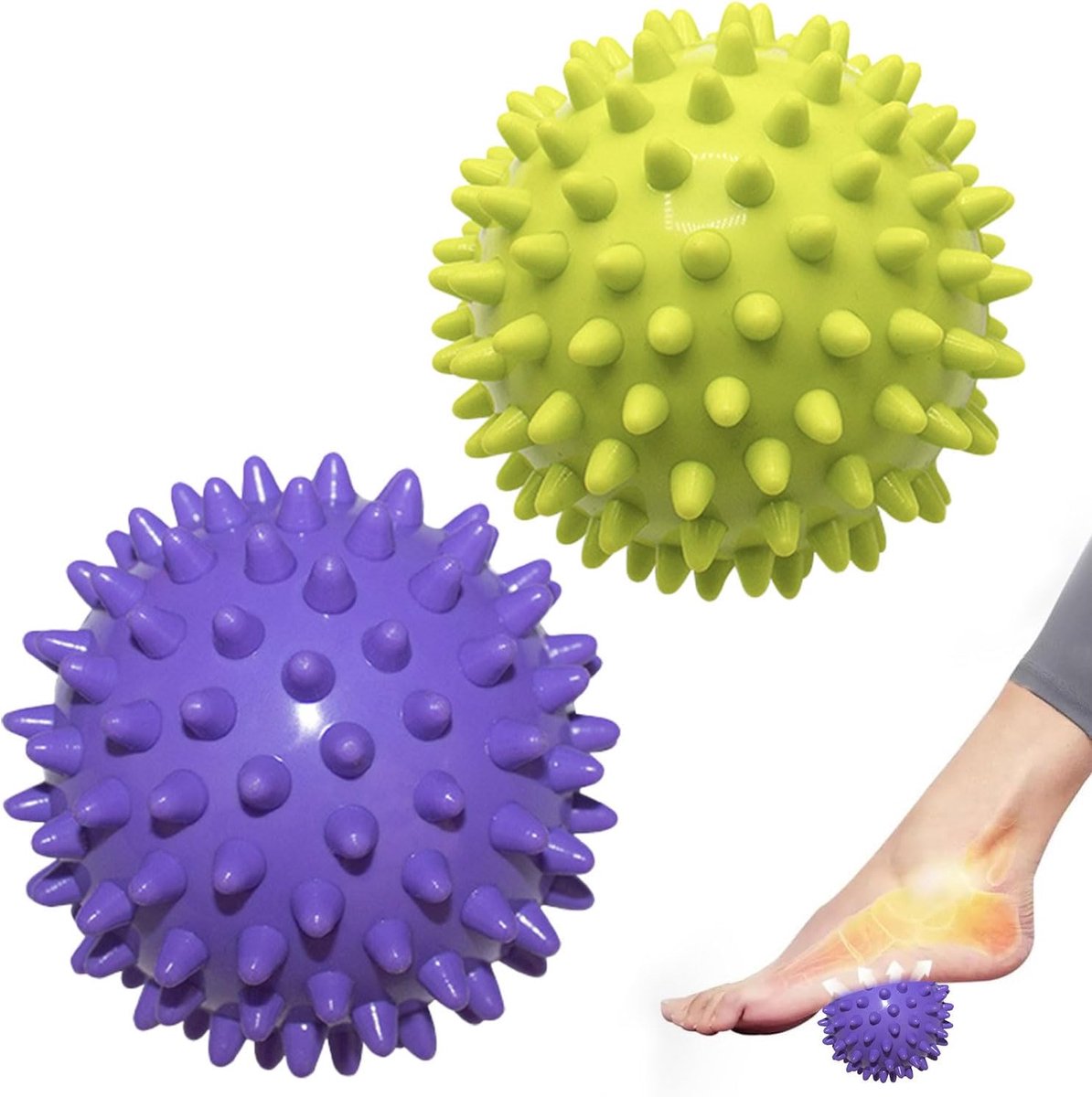 Massage Balls (Set of 2) - Trigger Point Balls - Massage Balls with Relief Points - Pointed Balls - Hedgehog Balls - Massage Balls - Trigger Point Exercise Balls - For Massaging Hand, Leg, Shoulder, Hip and Foot Muscles (Green/Purple 7.5 cm)