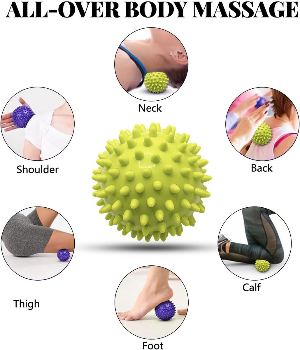 Massage Balls (Set of 2) - Trigger Point Balls - Massage Balls with Relief Points - Pointed Balls - Hedgehog Balls - Massage Balls - Trigger Point Exercise Balls - For Massaging Hand, Leg, Shoulder, Hip and Foot Muscles (Green/Purple 7.5 cm)