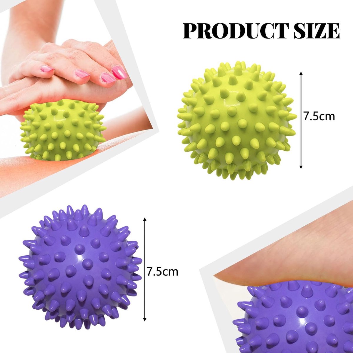 Massage Balls (Set of 2) - Trigger Point Balls - Massage Balls with Relief Points - Pointed Balls - Hedgehog Balls - Massage Balls - Trigger Point Exercise Balls - For Massaging Hand, Leg, Shoulder, Hip and Foot Muscles (Green/Purple 7.5 cm)