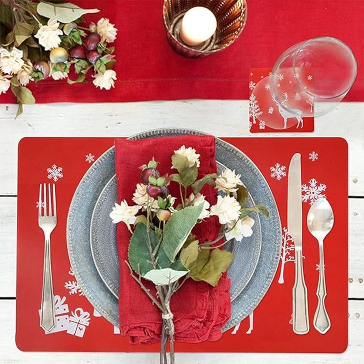 Placemats - Set of 12 - Christmas placemats - including coasters, Christmas placemats - heat-resistant and waterproof - suitable for Christmas parties and table decorations (Red)