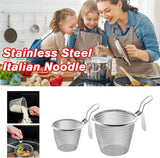 Stainless Steel Pasta Basket - Cooking Basket with Pasta Clamp - Hanging Strainer - Kitchen Utensils Suitable for Pasta, Ramen, Pho and Vegetables - Top-Down View
