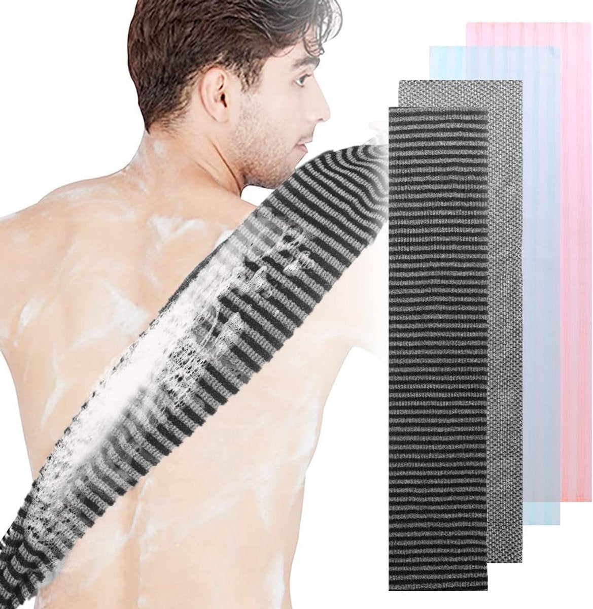 Back Scrubber Set | 2-Piece Exfoliating Shower Towel | Extra Long Exfoliating Washcloth for Men and Women - Scrub Cloth for Body Cleansing and Massage (Black-A)