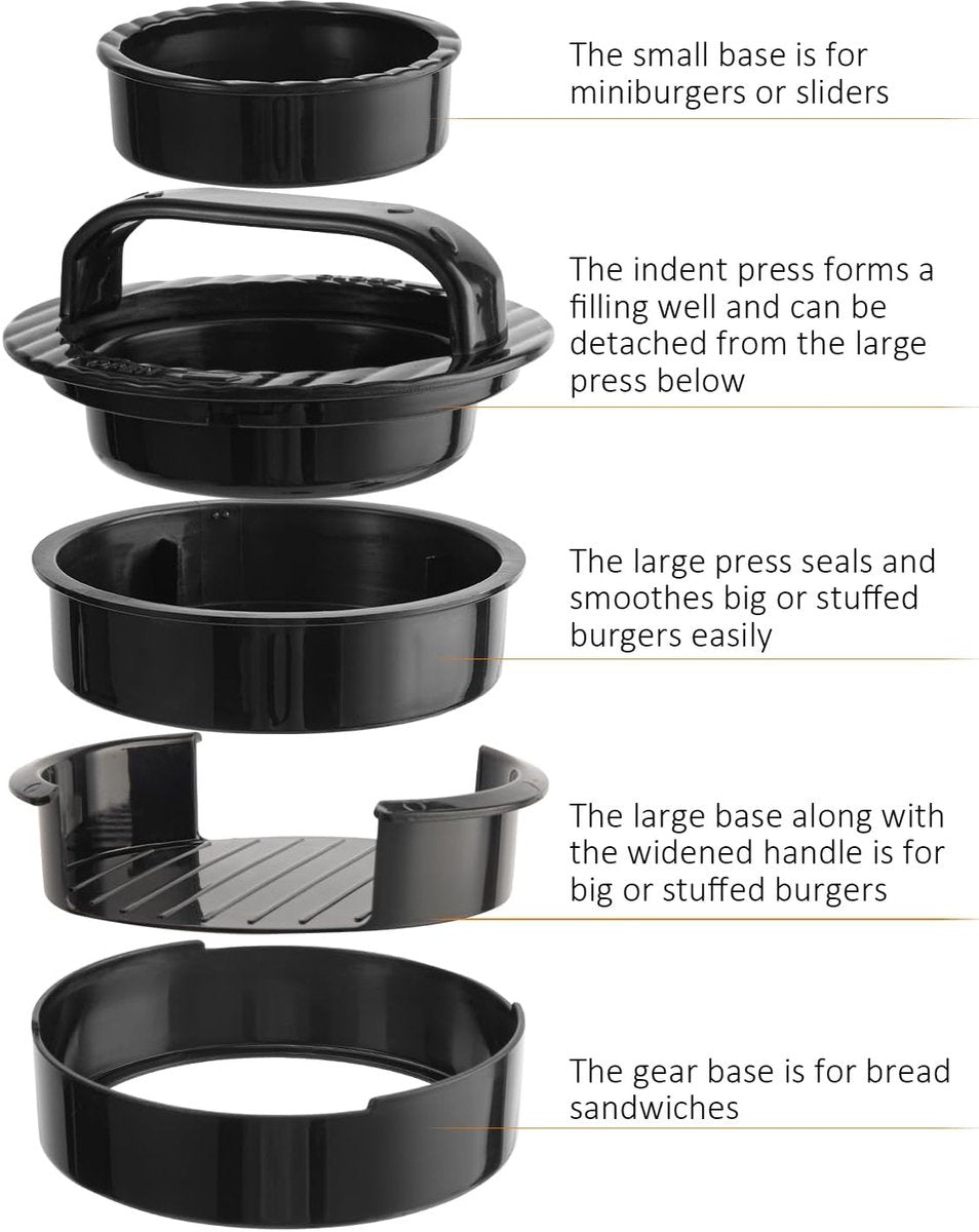 3-in-1 Hamburger and Hamburger Press - Hamburger Mold - Non-stick, Durable Patty Maker for Stuffed Burgers and Sliders - Easy to Clean - Black