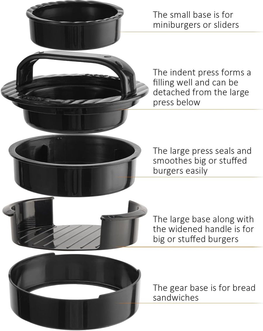 3-in-1 Hamburger and Hamburger Press - Hamburger Mold - Non-stick, Durable Patty Maker for Stuffed Burgers and Sliders - Easy to Clean - Black