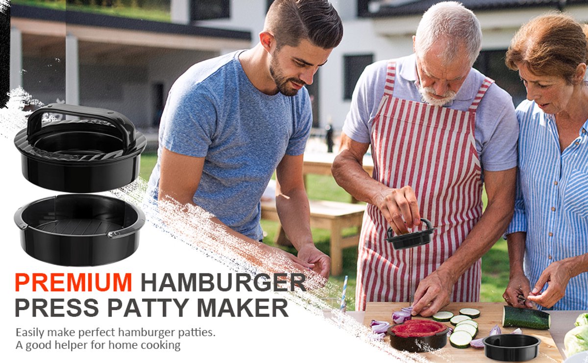 3-in-1 Hamburger and Hamburger Press - Hamburger Mold - Non-stick, Durable Patty Maker for Stuffed Burgers and Sliders - Easy to Clean - Black