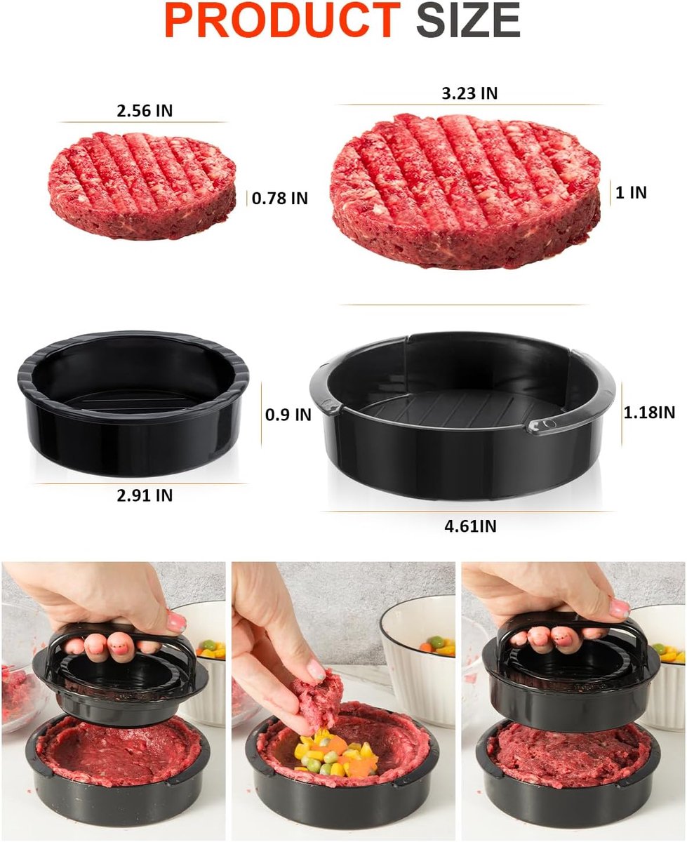 3-in-1 Hamburger and Hamburger Press - Hamburger Mold - Non-stick, Durable Patty Maker for Stuffed Burgers and Sliders - Easy to Clean - Black