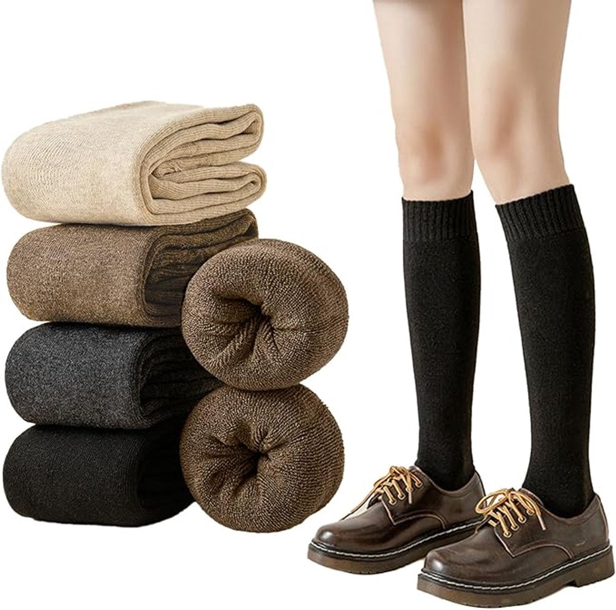 4 pairs of knee socks for women - winter socks - thermal socks for women - knitted socks - winter socks and boots - black/dark gray/coffee/oatmeal - sizes 35-40