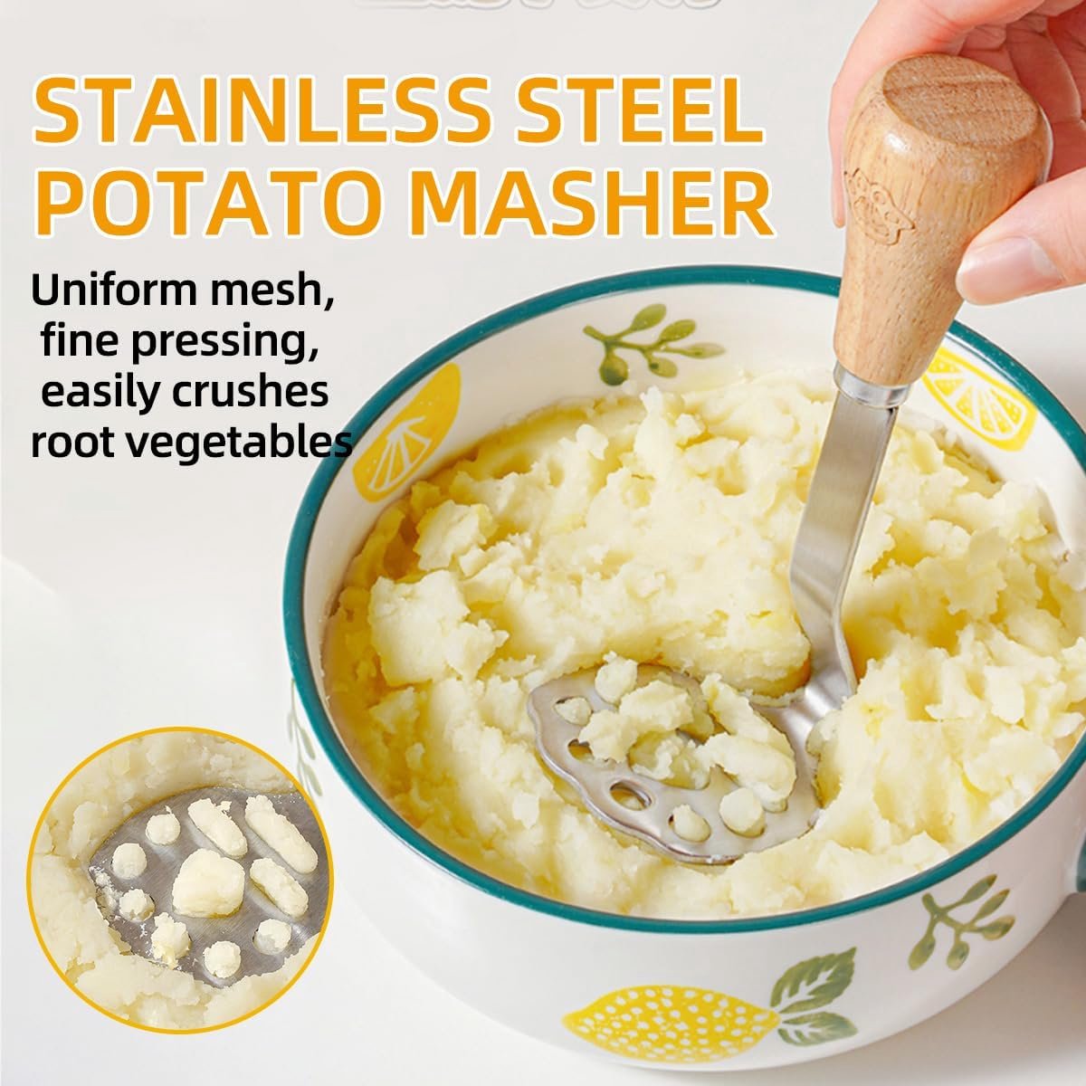 Potato Masher - Mini Avocado Masher - Small Food Masher - Made of high quality stainless steel - Flat handle that can be tilted on a table - 15 cm