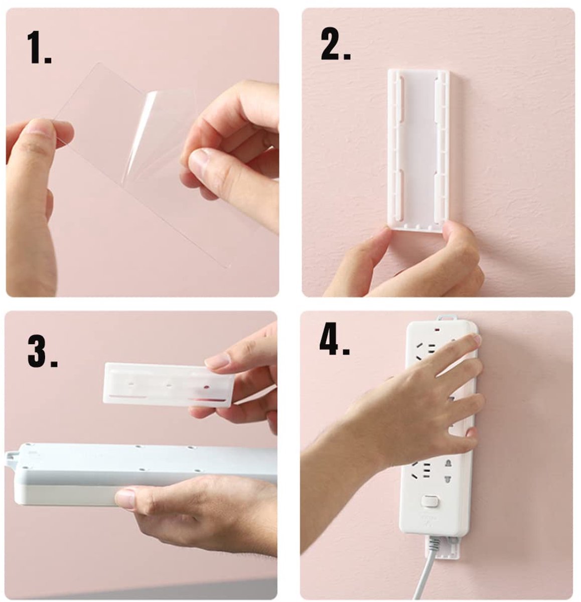 Self-adhesive - Desk socket holder - No perforation - Self-adhesive socket holder - Cable management - No perforation surge protection - Power strip holder bracket (4 pieces)