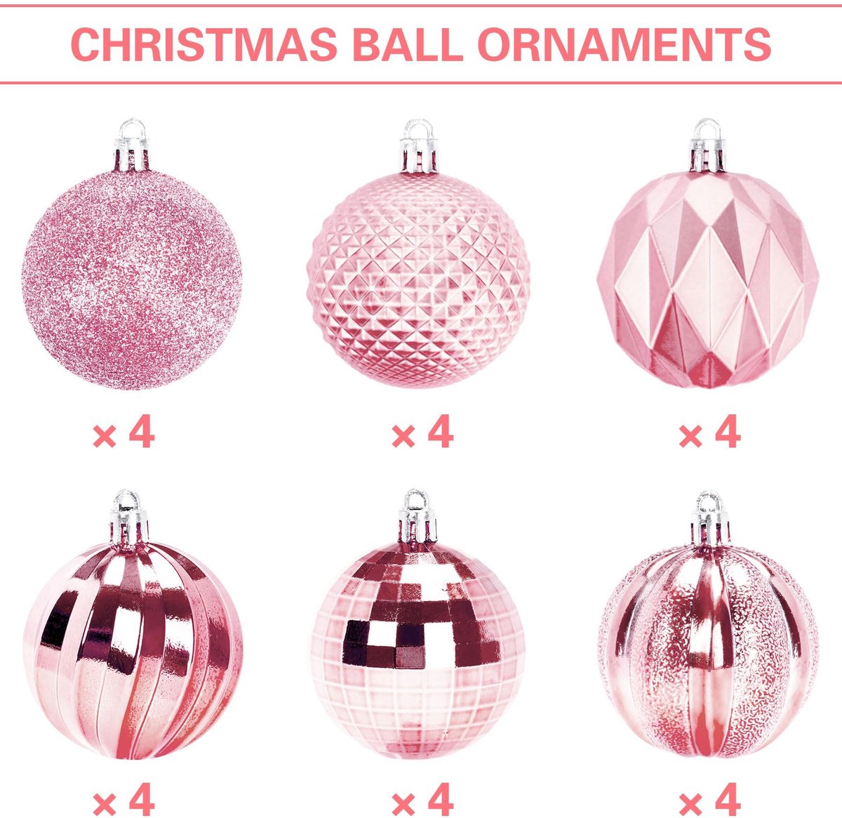 Christmas Baubles - Pack of 24 - Large Size, 6cm Diameter - Unbreakable Plastic - Christmas Tree Decoration - Various Christmas Bauble Decorations Suitable for Weddings, Mother's Day Party Decorations (Pink)