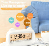 Alarm Clock - Digital Alarm Clock - Digital Clock - Smart Alarm Clock - Electronic Calendar - Cat-shaped Alarm Clock with Light - Real-time Temperature and Humidity Monitoring - Weather Display - Large Night Light Screen - USB Charging（White） - Front View