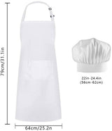Apron and Hat Set - Adjustable Chef's Hat and Apron - Unisex Baker's Clothing (White)
