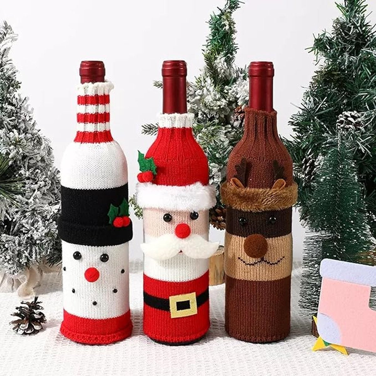 Wine Bottle Cover - Christmas Wine Bottle Cover - Hand-Knitted Cartoon Decorated Bottle Cover - Christmas Gifts for Adults - Perfect for Holiday Party Decorations (3-Piece Set)