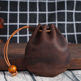 Drawstring Wallet - Leather Drawstring Wallet - Small Organizer for Headphones, Jewelry, and Candy - Coconut Brown - Front View
